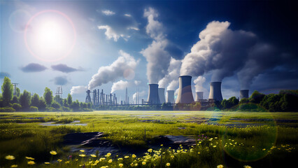 Modern Nuclear Power Plant in Serene Natural Landscape