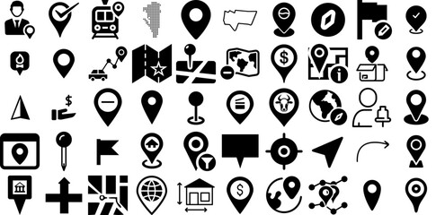 Big Collection Of Location Icons Bundle Hand-Drawn Linear Drawing Web Icon Geolocation, Pointer, Navigator, Orientation Symbols Vector Illustration - obrazy, fototapety, plakaty