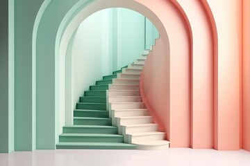 Fototapeta premium Illustration in modern geometric style Arch and stairs in trendy minimal interior. AI generated