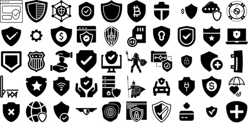 Massive Set Of Shield Icons Collection Black Design Symbols Badge, Mark, Symbol, Icon Glyphs Isolated On Transparent Background