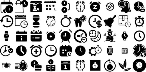 Huge Collection Of Time Icons Pack Black Design Pictogram Patient, Rapid, Set, Finance Doodles Isolated On White Background