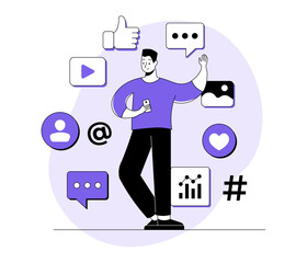 Social media marketing concept flat illustration, Digital marketing, Endorsement, Endorse, E-commerce, Social media campaign, Seo optimization, Native advertising, content marketing