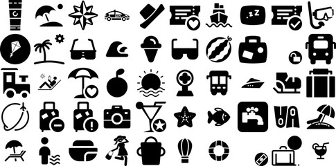 Big Set Of Vacation Icons Pack Hand-Drawn Solid Drawing Glyphs Holiday Maker, Icon, Leisure, Day Doodle Isolated On White Background - obrazy, fototapety, plakaty
