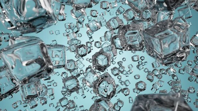 A lot of ice cubes falling down. Side view. Slow motion. 3d rendered 4k video.
