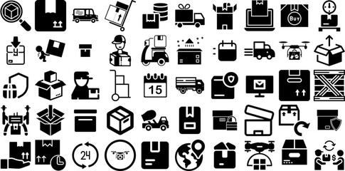 Mega Set Of Delivery Icons Set Hand-Drawn Linear Simple Silhouette Global, Rapid, Carousel, Set Element Vector Illustration