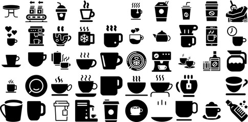 Big Collection Of Coffee Icons Pack Flat Concept Clip Art Tea, Fast Food, Set, Icon Pictogram Isolated On White Background - obrazy, fototapety, plakaty