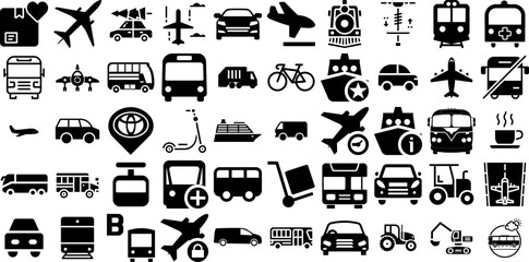 Huge Collection Of Transport Icons Pack Hand-Drawn Isolated Simple Silhouettes Symbol, Icon, Garden, Ship Glyphs Isolated On Transparent Background