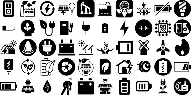 Huge Collection Of Energy Icons Bundle Hand-Drawn Black Infographic Pictograms Pointer, Infographic, Investment, Roof Graphic Isolated On White Background