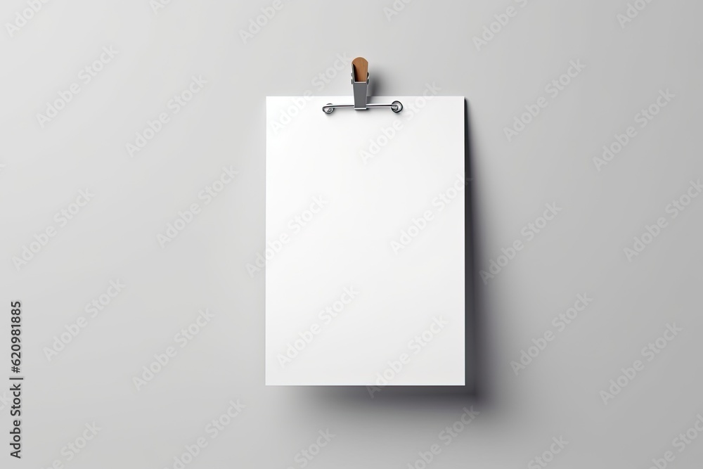Poster a single blank vertical rectangular poster is hung with paper clips on a white backdrop.