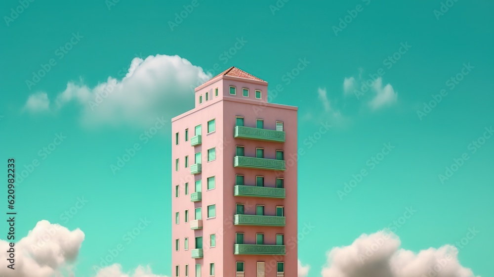Poster a towering pink structure with balconies extending up over the top of it