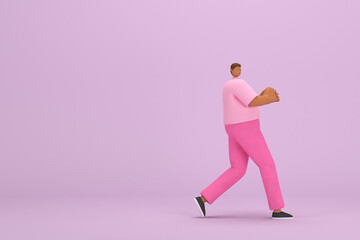 Fototapeta na wymiar The black man with pink clothes. He is pulling or pushing something. 3d rendering of cartoon character in acting.