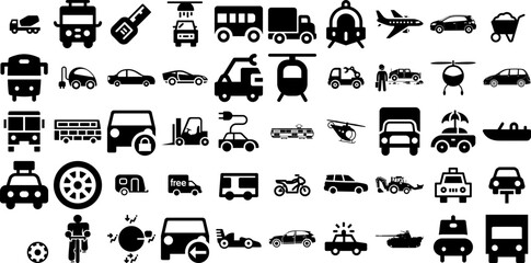 Mega Set Of Vehicle Icons Pack Hand-Drawn Solid Modern Glyphs Icon, Holiday Maker, Coin, Wheel Logotype Isolated On White