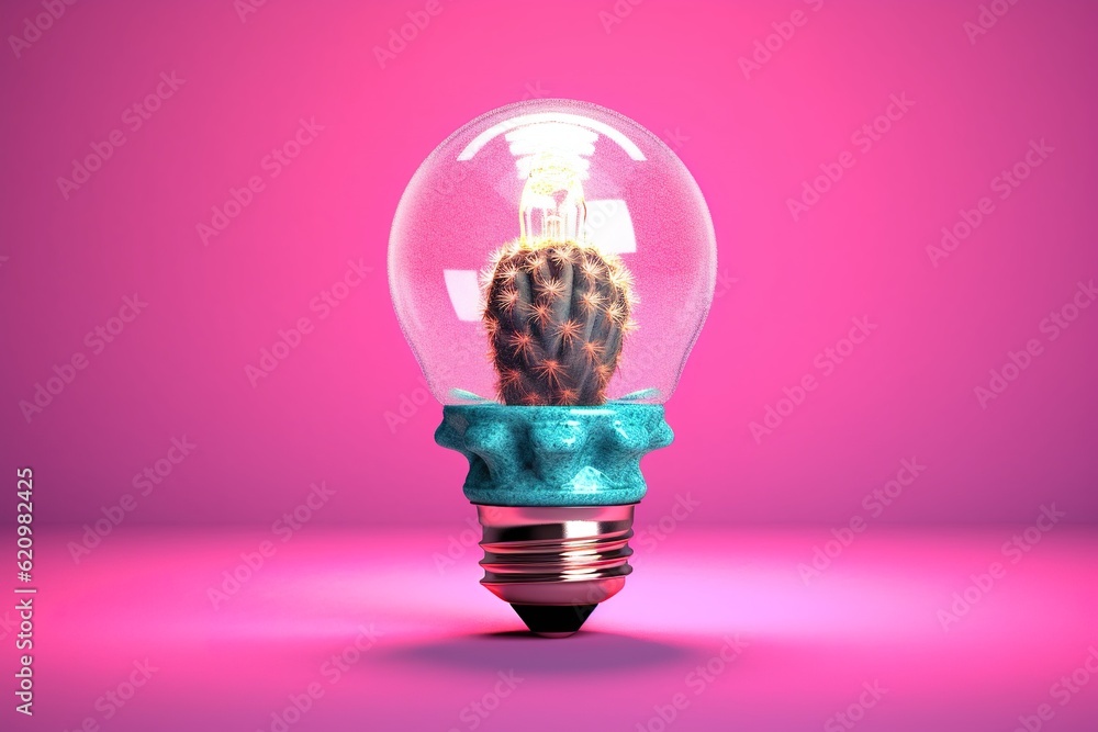 Poster a standard light bulb that has been modified to include a cactus.