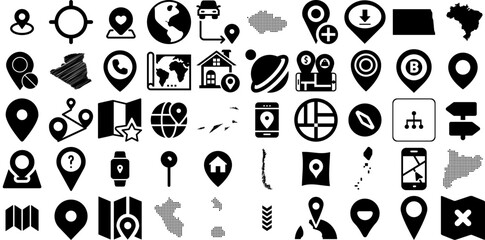 Huge Collection Of Map Icons Set Black Vector Silhouette Mark, Orientation, Pointer, Three-Dimensional Buttons Isolated On White