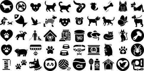 Mega Collection Of Pet Icons Set Hand-Drawn Solid Design Silhouette Icon, Symbol, Doggy, Fauna Silhouettes For Computer And Mobile