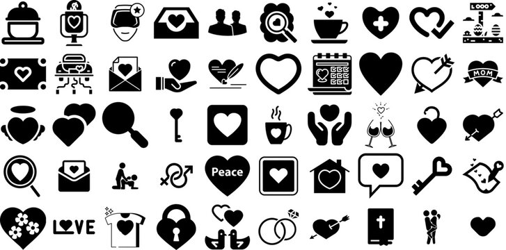 Mega Collection Of Love Icons Pack Hand-Drawn Black Cartoon Pictogram Find, Three-Dimensional, Health, Set Signs For Computer And Mobile