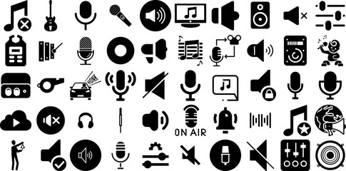 Mega Collection Of Sound Icons Collection Solid Drawing Pictograms Symbol, Icon, Speaker, Glyphs Silhouettes Isolated On Transparent Background