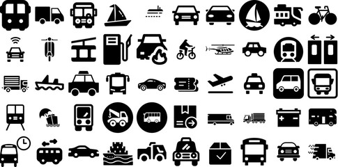 Massive Set Of Transportation Icons Bundle Hand-Drawn Black Design Pictograms Bus, Global, Set, Funicular Silhouette For Computer And Mobile