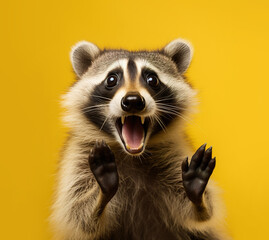raccoon looking surprised, reacting amazed, impressed, standing over yellow background - obrazy, fototapety, plakaty