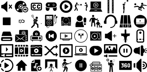 Mega Set Of Player Icons Collection Hand-Drawn Black Concept Pictogram Icon, Badge, Us, Mp3 Pictogram For Computer And Mobile - obrazy, fototapety, plakaty