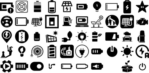 Massive Set Of Power Icons Set Isolated Drawing Glyphs Set, Wind, Pointer, Global Buttons For Apps And Websites