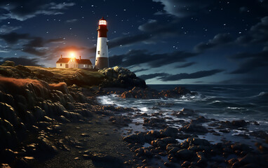 Lighthouse in the night on the coast. Generative AI technology.