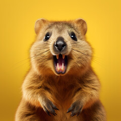 Fototapeta premium quokka looking surprised, reacting amazed, impressed, standing over yellow background