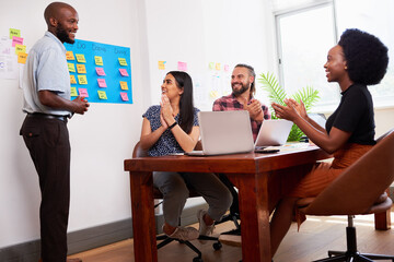 Team of developers clapping hands during sprint planning meeting in boardroom