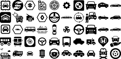 Massive Set Of Automobile Icons Pack Flat Design Symbols Badge, Barrel, Icon, Fuel Elements For Apps And Websites