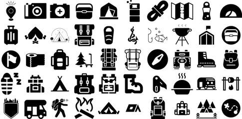 Mega Set Of Camping Icons Collection Linear Cartoon Silhouettes Icon, Trail, Set, Silhouette Pictograms Isolated On White Background