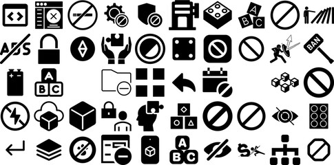 Mega Collection Of Block Icons Pack Hand-Drawn Linear Concept Clip Art Cross Out, Circle, Icon, Construction Silhouette Isolated On White Background