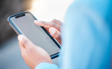 Closeup, screen and woman with a smartphone, typing and internet connection with social media, chatting or text. Female person, consultant or cellphone with communication, sms or website information