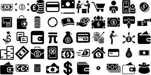 Mega Set Of Cash Icons Bundle Solid Cartoon Silhouette Icon, Way, Finance, Coin Silhouette Isolated On Transparent Background