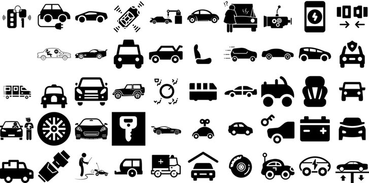 Mega Collection Of Car Icons Pack Hand-Drawn Isolated Vector Silhouettes Slow, Yacht, Laundered, Mark Signs Isolated On White