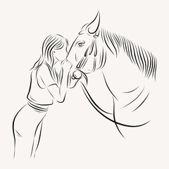 young lady riding a horse line art illustration