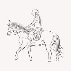 young lady riding a horse line art illustration