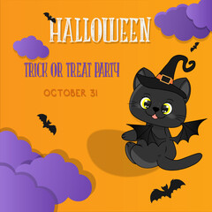 Happy Halloween banner . Halloween party invitation background witch black cat in hat and wings with clouds,  bats and pumpkins yellow background