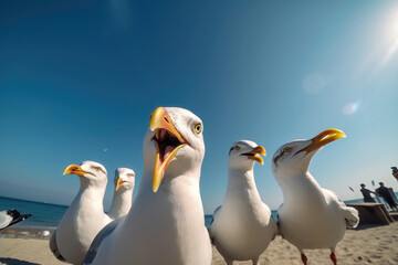 Fototapeta na wymiar Seagulls take a selfie by the sea. AI generated