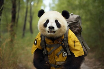 panda bear with backpack walking in the forest, anthropomorphic panda dressed in a yellow form like...