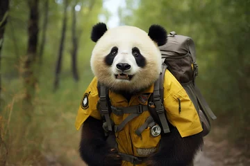 Fototapeten panda bear with backpack walking in the forest, anthropomorphic panda dressed in a yellow form like a tourist. Travel Concept. AI generated, human enhanced © Odesza