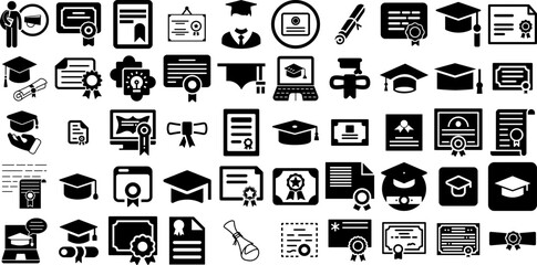 Massive Collection Of Diploma Icons Collection Hand-Drawn Isolated Infographic Symbol Teaching, Icon, Vote, Academic Pictogram Isolated On Transparent Background