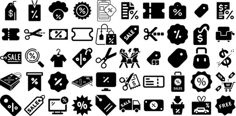 Huge Collection Of Discount Icons Pack Solid Cartoon Signs Icon, Symbol, Discount, Ribbon Pictograms For Apps And Websites