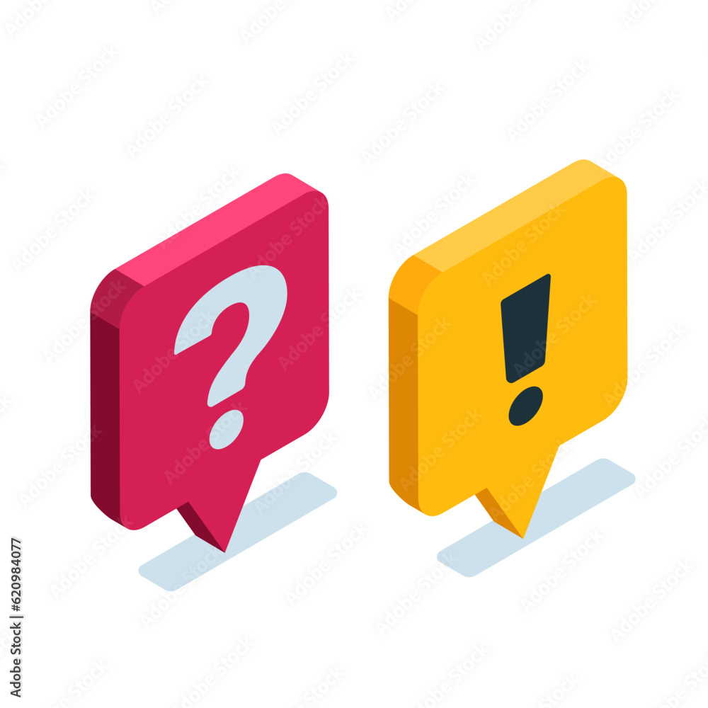 Poster isometric text bubble icon in black on white background with exclamation icon and question, importan