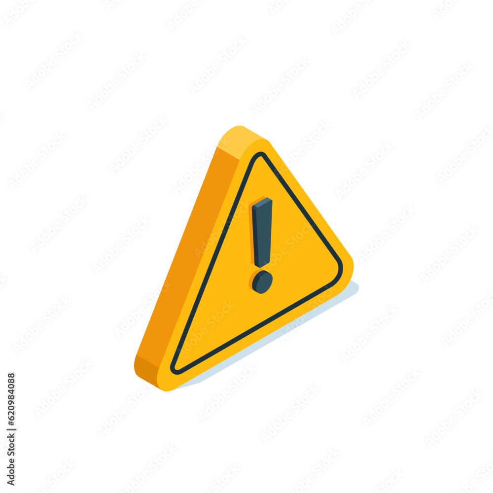 Poster isometric triangular icon in yellow on a white background with an exclamation mark, an important war