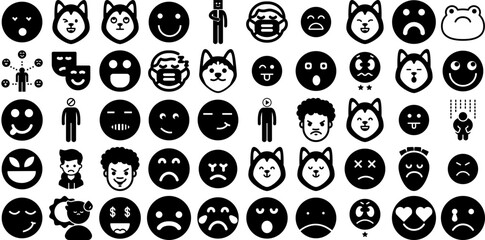 Huge Set Of Expression Icons Collection Hand-Drawn Isolated Cartoon Silhouettes Expression, Icon, Positive, Joke Graphic Isolated On White Background