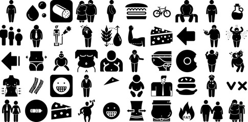 Big Set Of Fat Icons Pack Linear Cartoon Symbols Body, Creamy, Fitness, Knife Graphic Vector Illustration