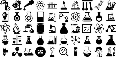 Big Set Of Experiment Icons Pack Hand-Drawn Black Vector Silhouettes Explore, Icon, Procedure, Outline Elements Isolated On White Background