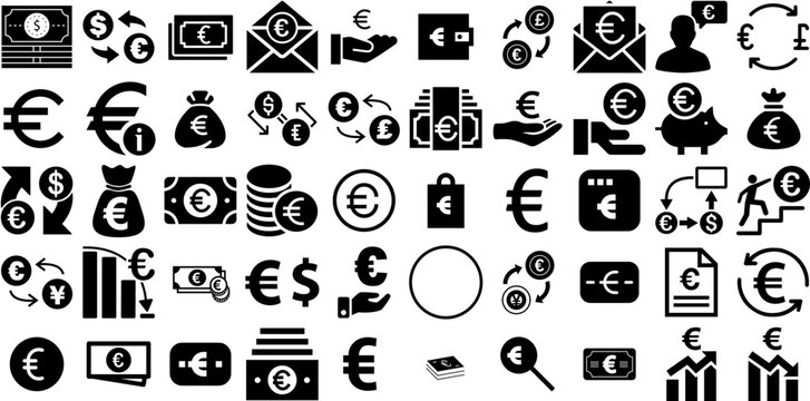 Big Collection Of Euro Icons Set Black Simple Silhouettes Icon, Finance, Coin, Symbol Symbols Isolated On Transparent Background