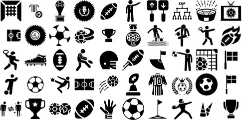 Huge Set Of Football Icons Collection Black Modern Symbol Icon, Tool, Team, Red Card Pictograph For Apps And Websites