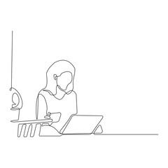 continuous line drawing professional young business woman using digital mobile phone tablet computer work and writing work plan on personal notebook isolated on white background